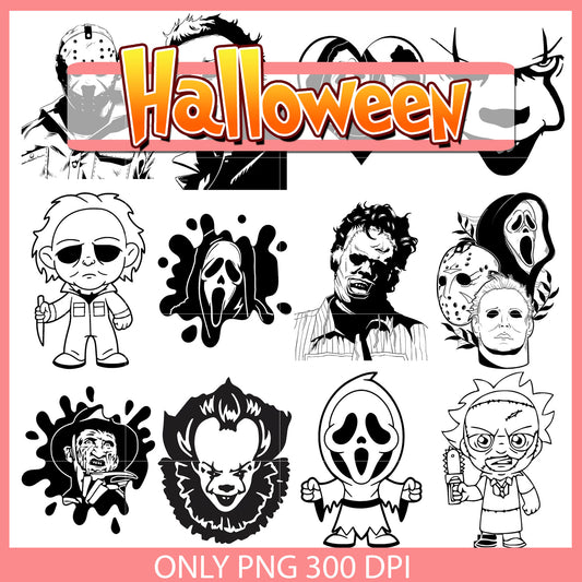 Horror characters black white bundle png, horror face​ png, halloween png