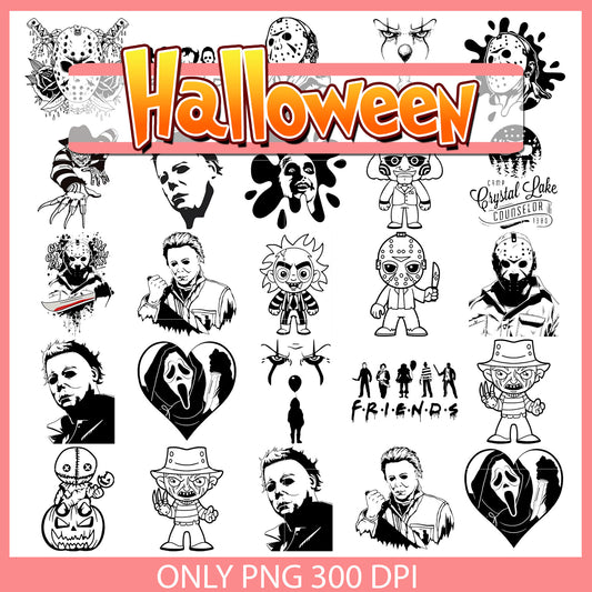Horror characters black white design bundle png, horror movies characters​ png