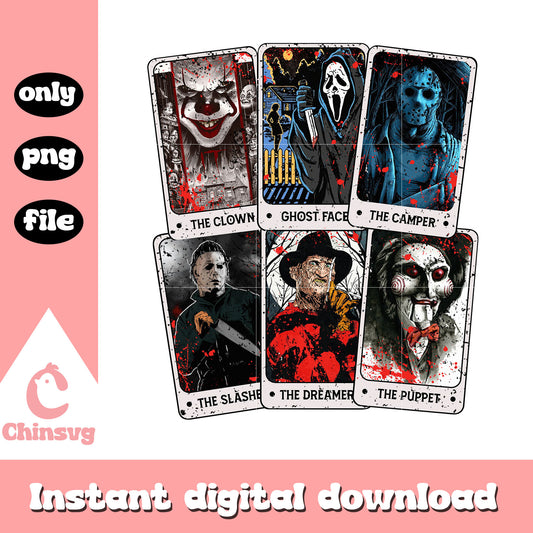 Horror characters cards halloween design png, horror movies png