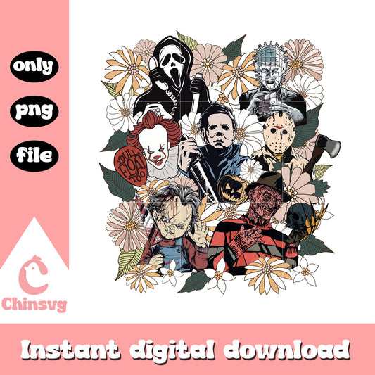 Horror characters film floral design png, horror characters png