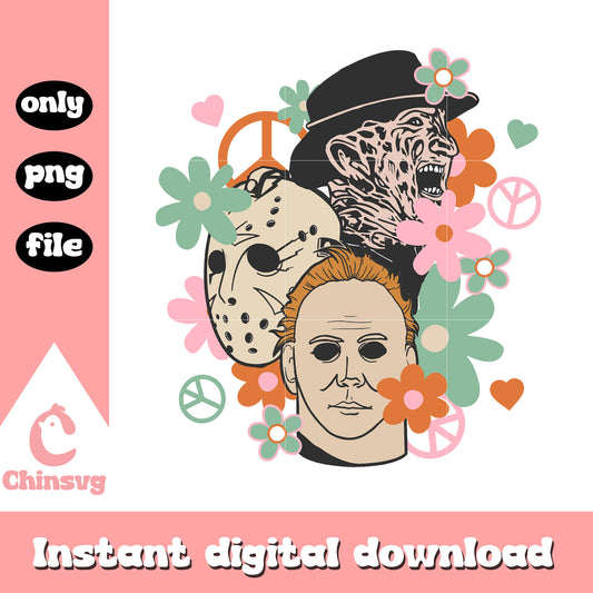Horror characters head floral halloween png, halloween design png