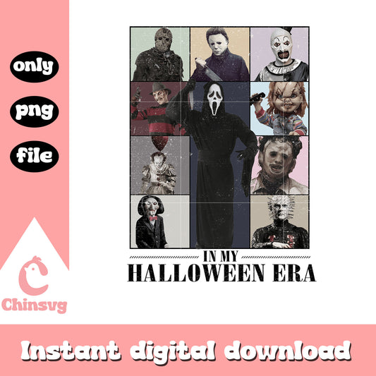 Horror characters inmy halloween era design png, spooky movies png