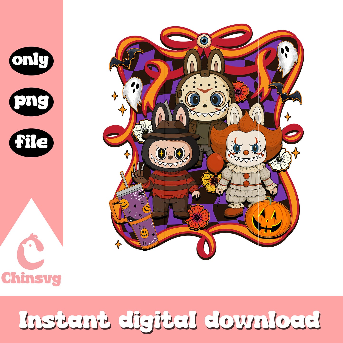 Horror characters labubu bow halloween design png, horror films png