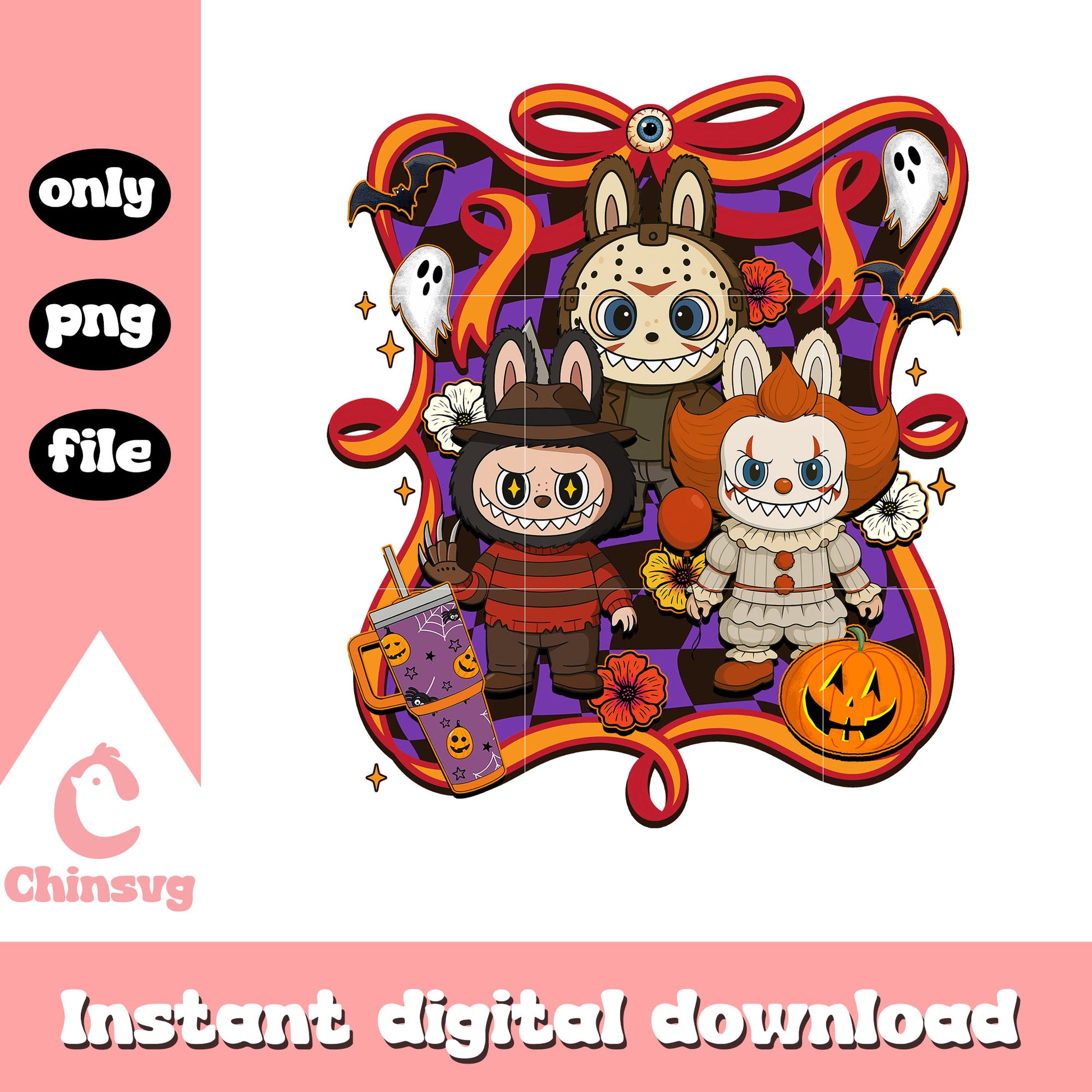 Horror characters labubu bow halloween design png, horror films png