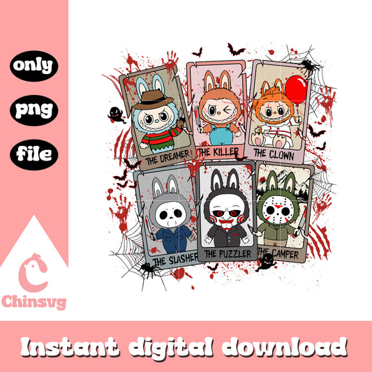 Horror characters labubu cards design png, spooky characters movies png