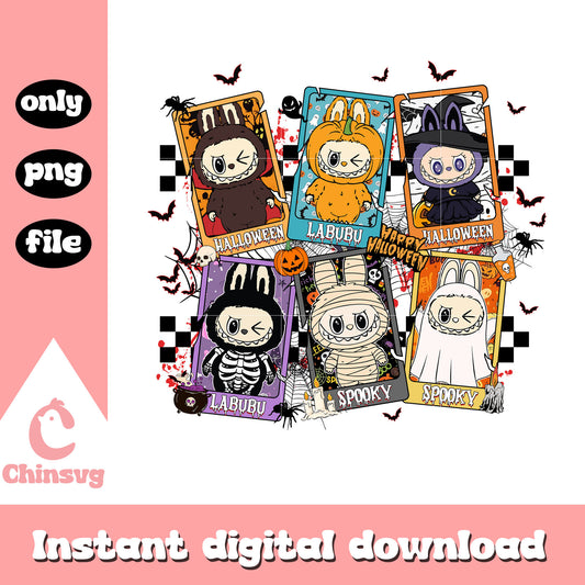 Horror characters labubu halloween card png, spooky halloween png