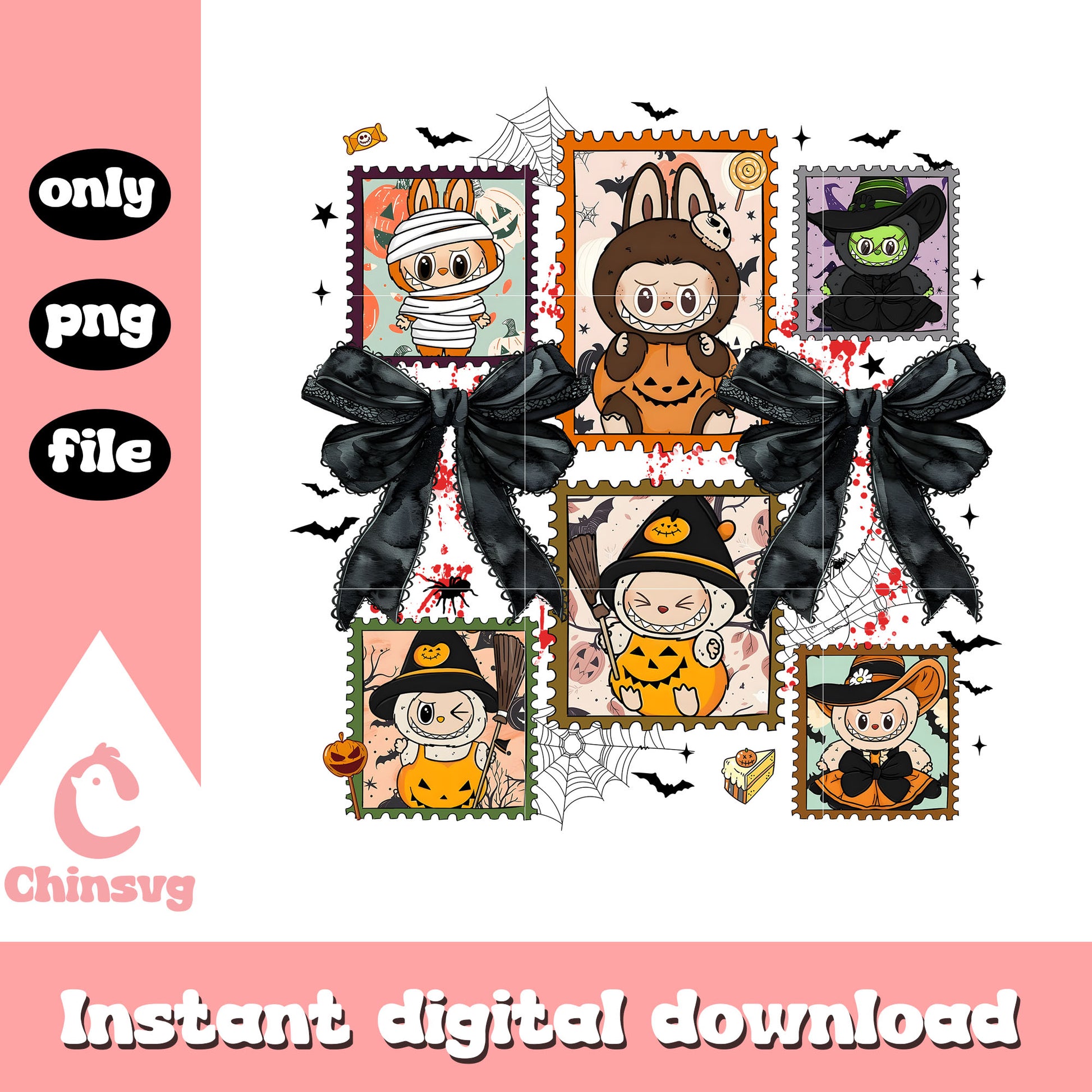 Horror characters labubu halloween coquette stamp png, spooky season png