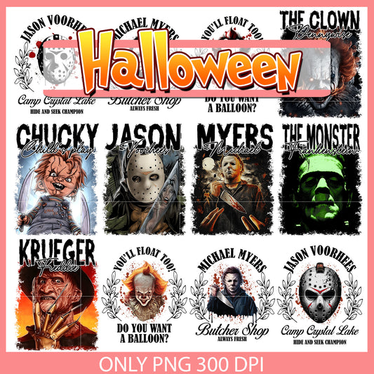 Horror characters name design bundle png, halloween characters​ png