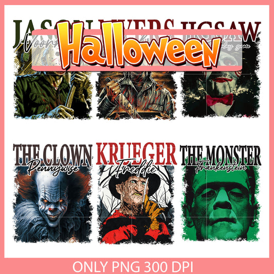 Horror characters name halloween design bundle png, halloween png