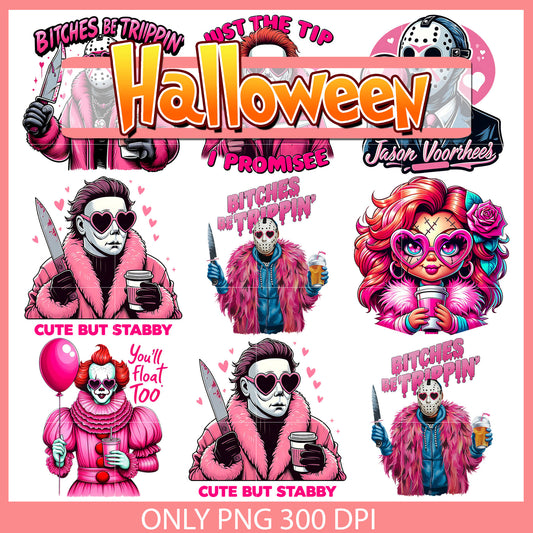 Horror characters pink design bundle png, horror movies​ png