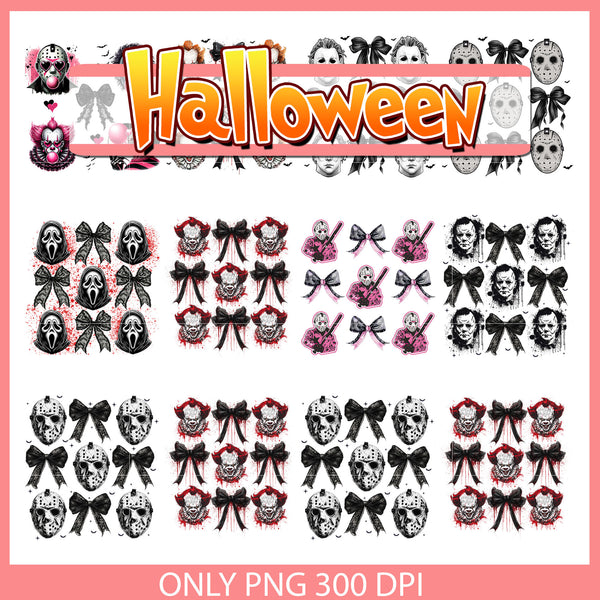 Horror head blood bow design bundle png, horror face png Chinsvg