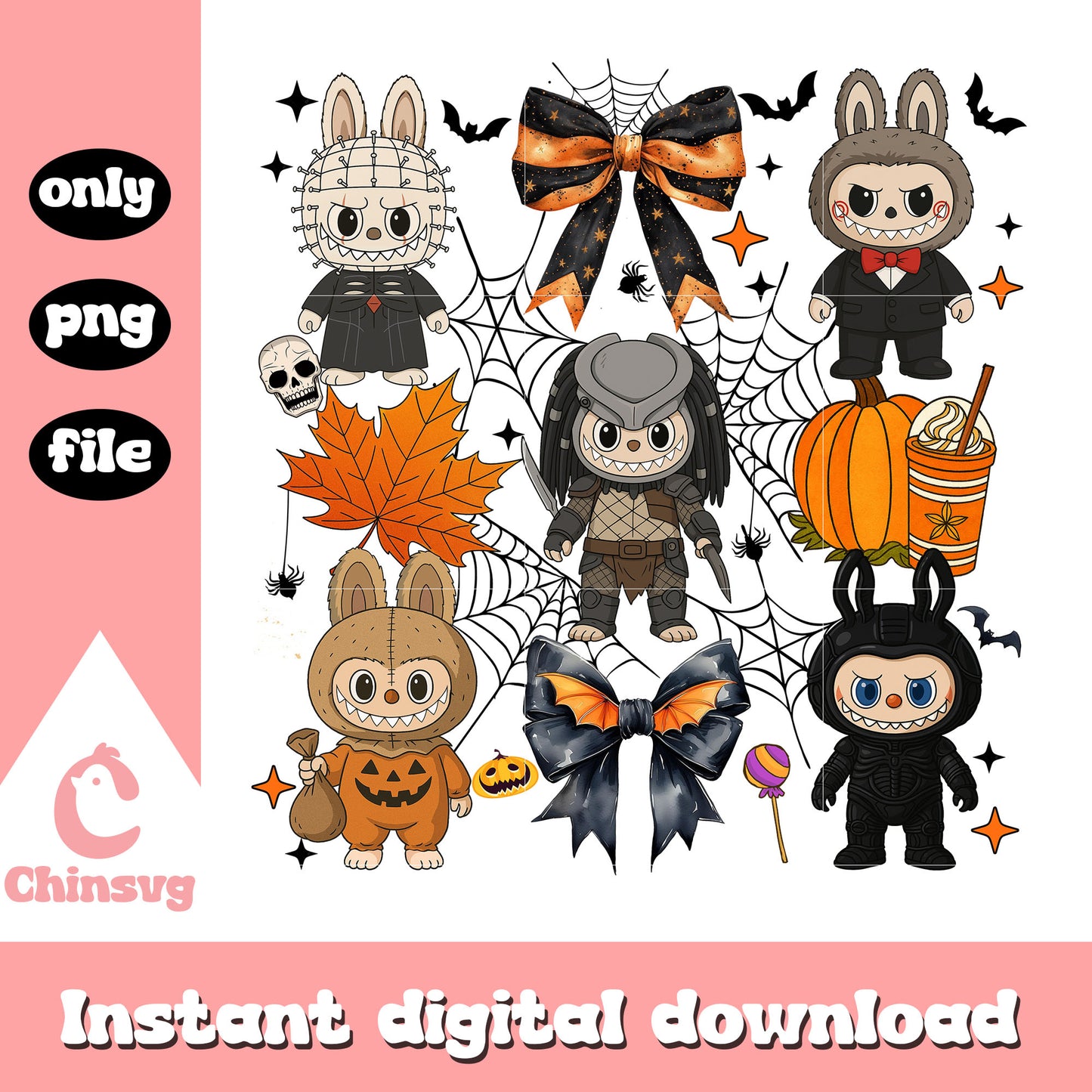 Horror labubu and halloween bow design png, halloween vibes png
