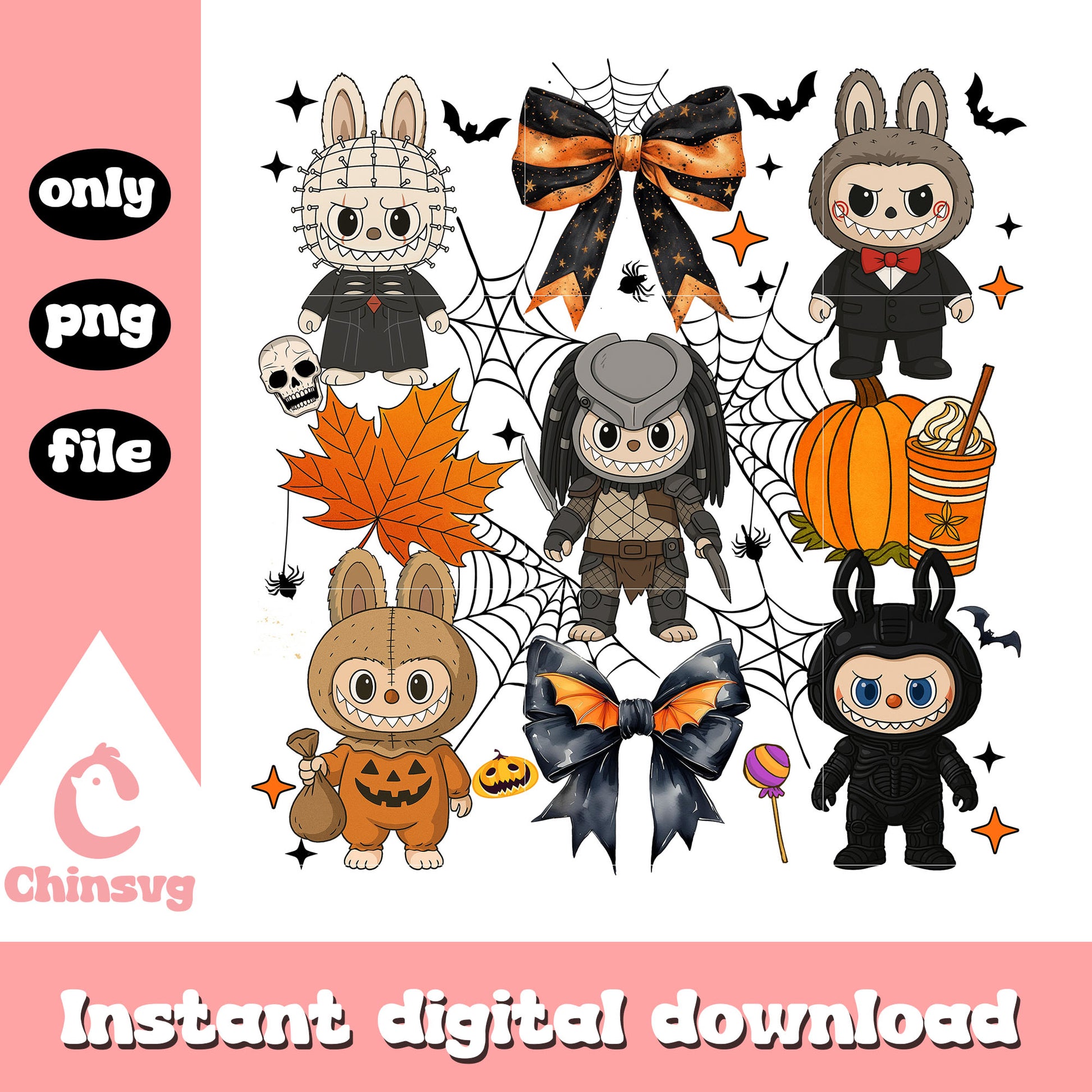 Horror labubu and halloween bow design png, halloween vibes png