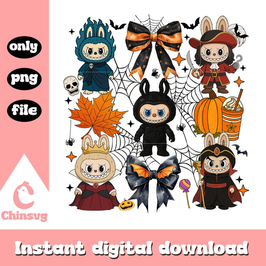 Horror labubu costume and haloween symbols design png, cute labubu png