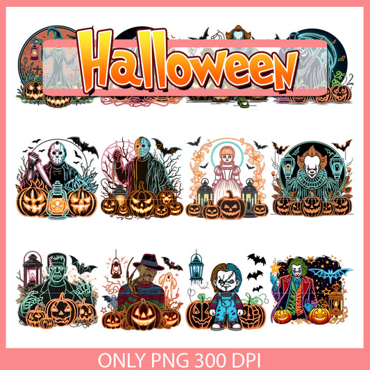 Horror movie pumpkin neon bundle png, all horror characters png