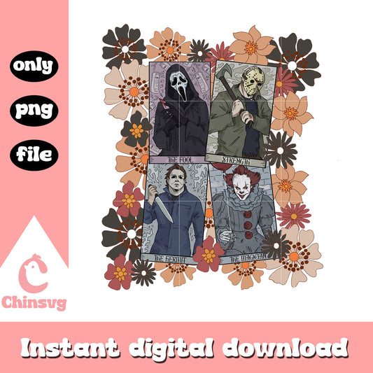 Horror movies characters retro floral png, ghostface and pennywise png