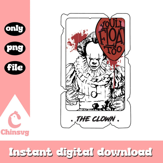 Horror pennywise tarot card design png, happy halloween png