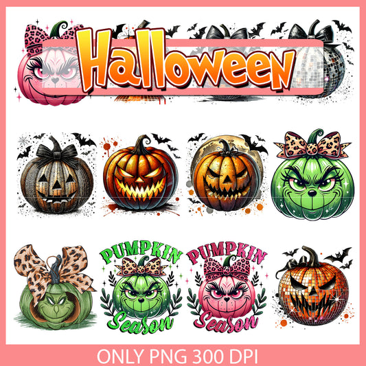 Horror pumpkin halloween bundle design png, halloween pumpkins​ png