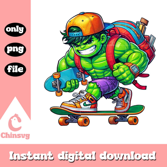 Hulk skateboarding to school design png, hulk character png