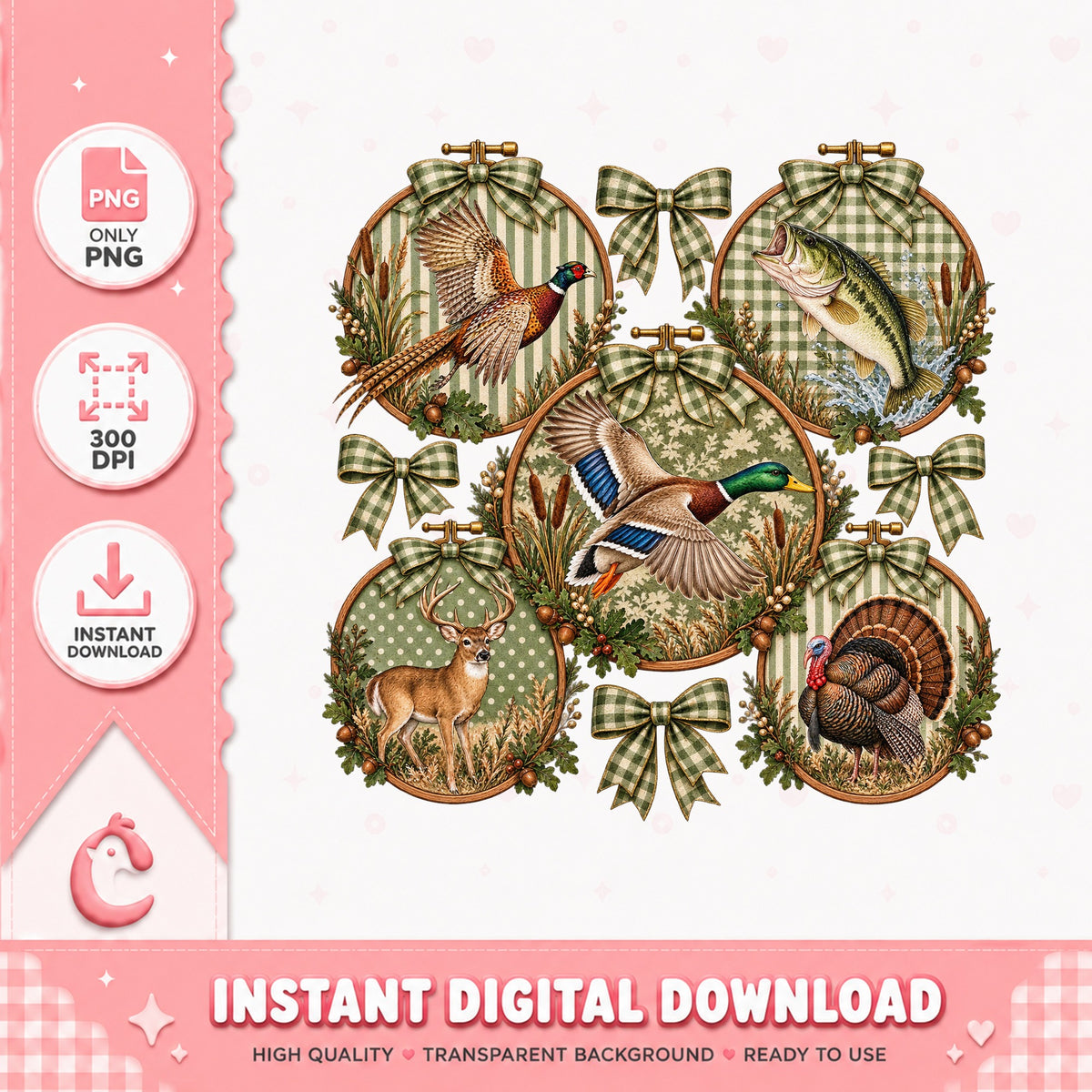 Hunting Ornament Bundle PNG, Deer Duck Fish Turkey, Sublimation PNG