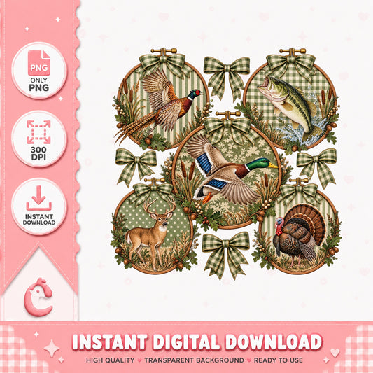 Hunting Ornament Bundle PNG, Deer Duck Fish Turkey, Sublimation PNG