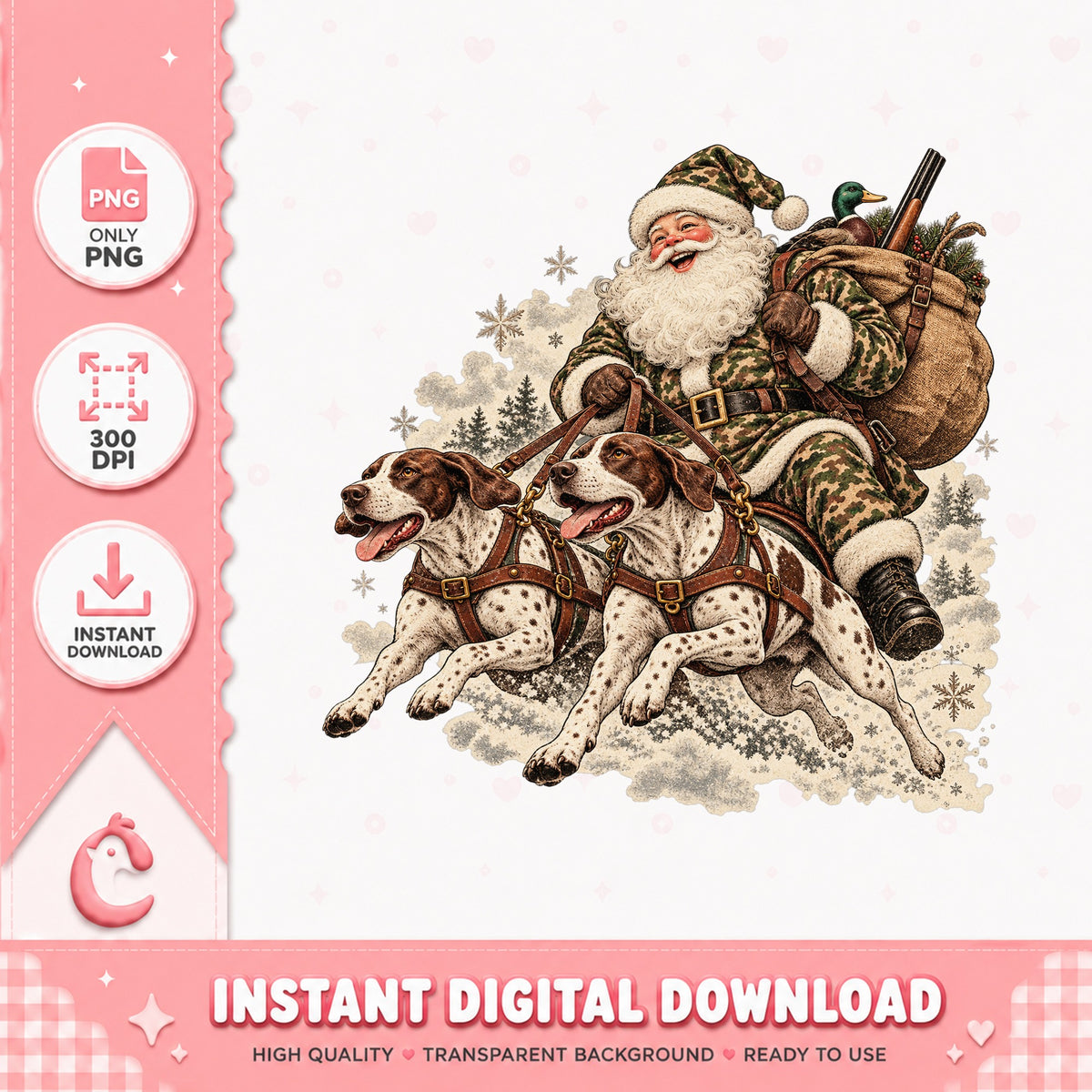 Hunting Santa With Dogs PNG, Christmas Clipart, Vintage PNG