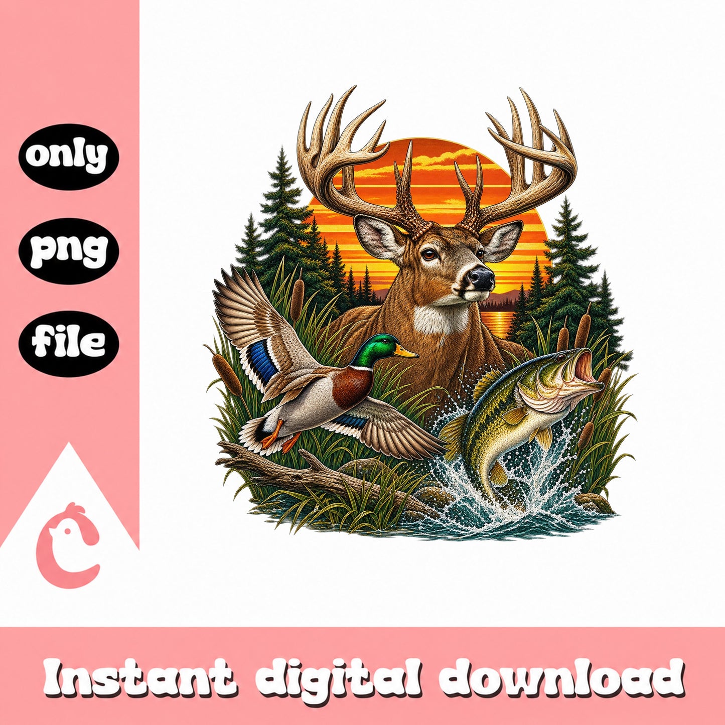 Hunting Wildlife Scene PNG, Deer Duck Fish Clipart, Outdoor PNG