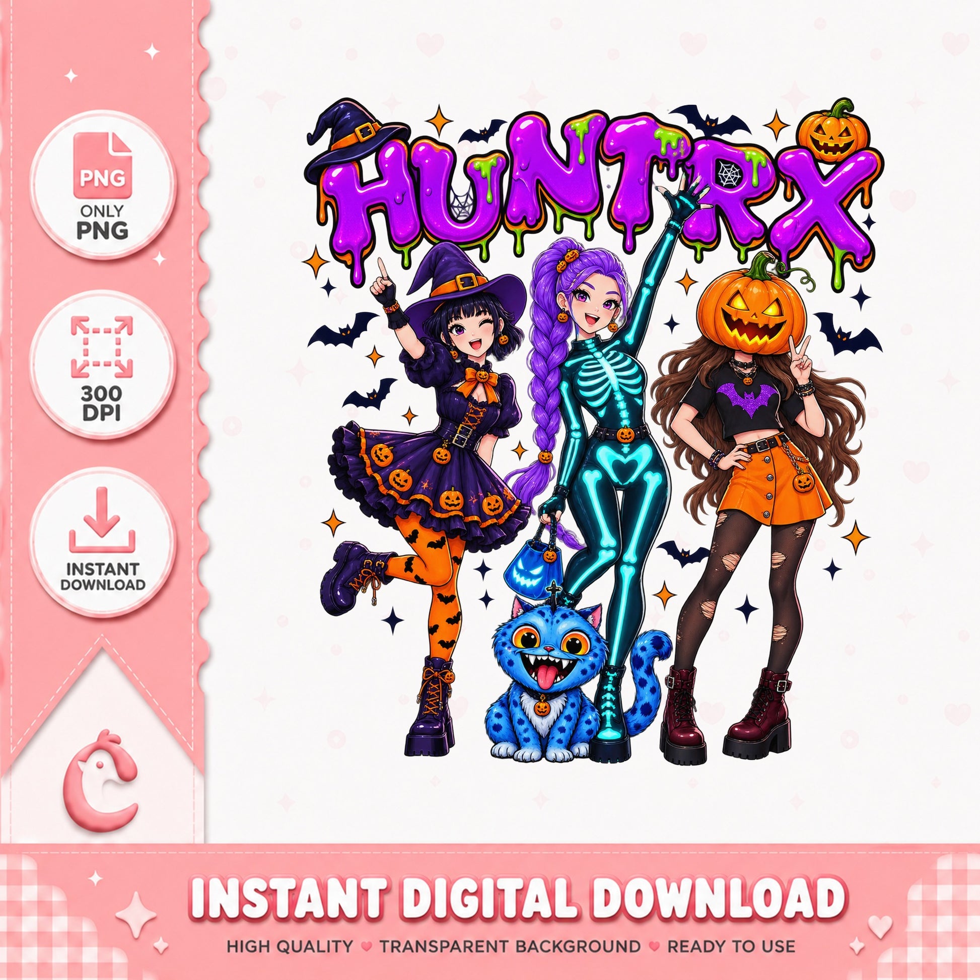 Huntixx Anime Girls PNG Bundle, Halloween Clipart, 300 DPI PNG