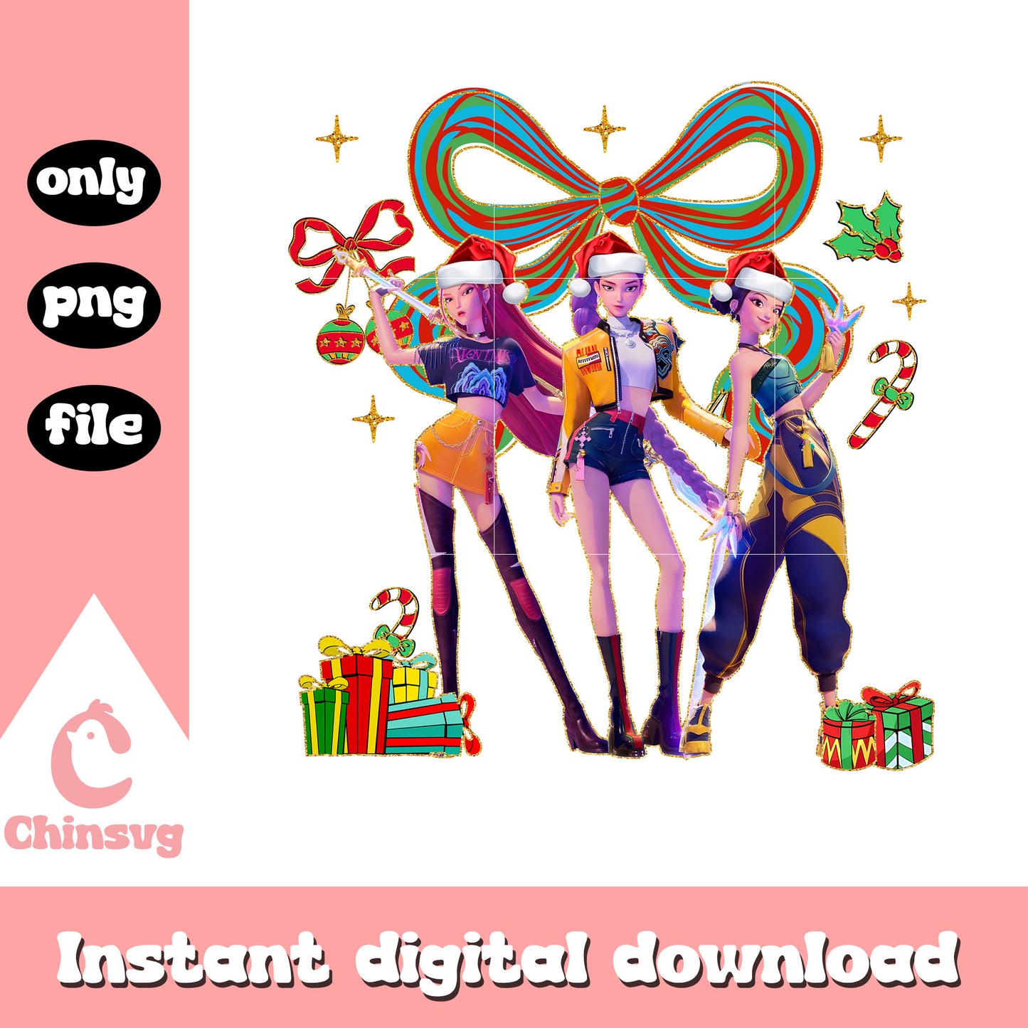 Huntrix band christmas presents  png, christmas clothes png