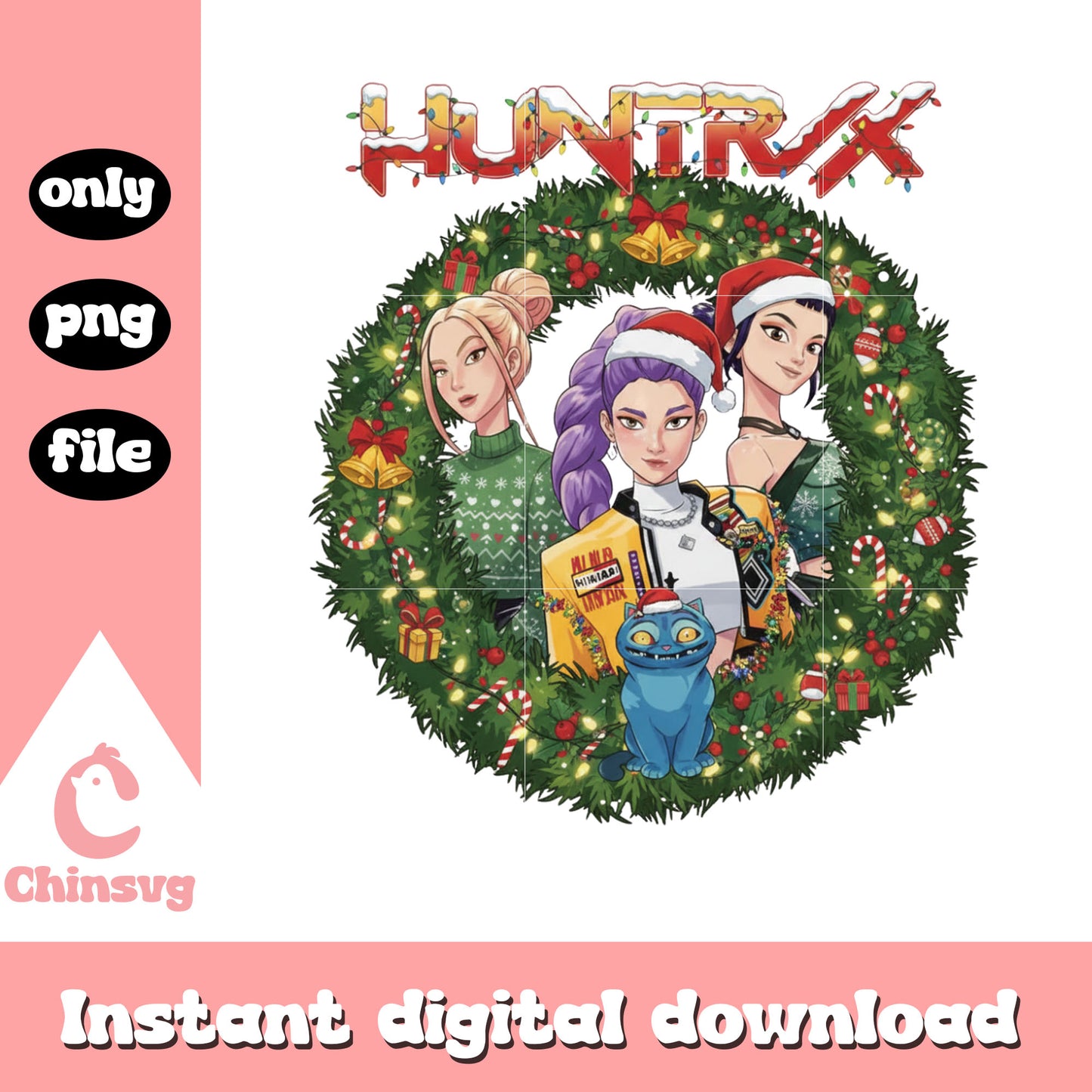 Huntrix band christmas wreath png, christmas decorations png