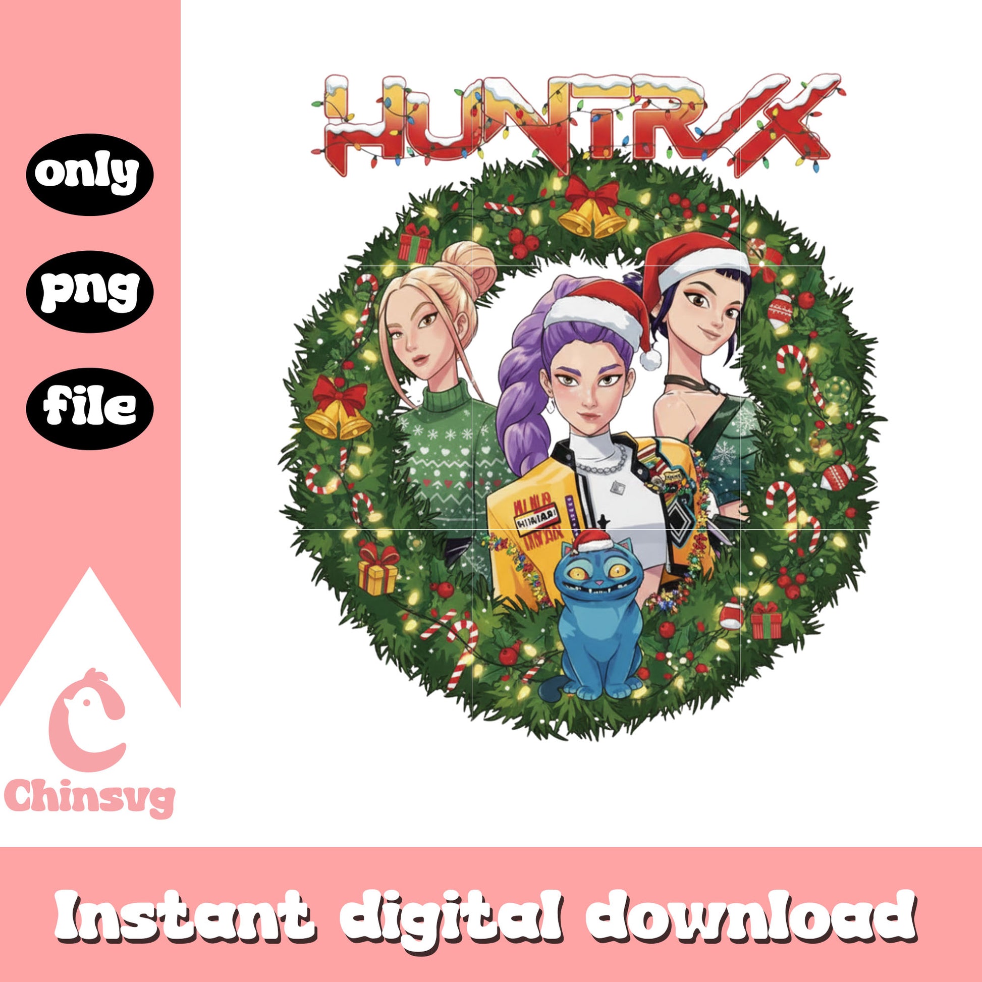 Huntrix band christmas wreath png, christmas decorations png