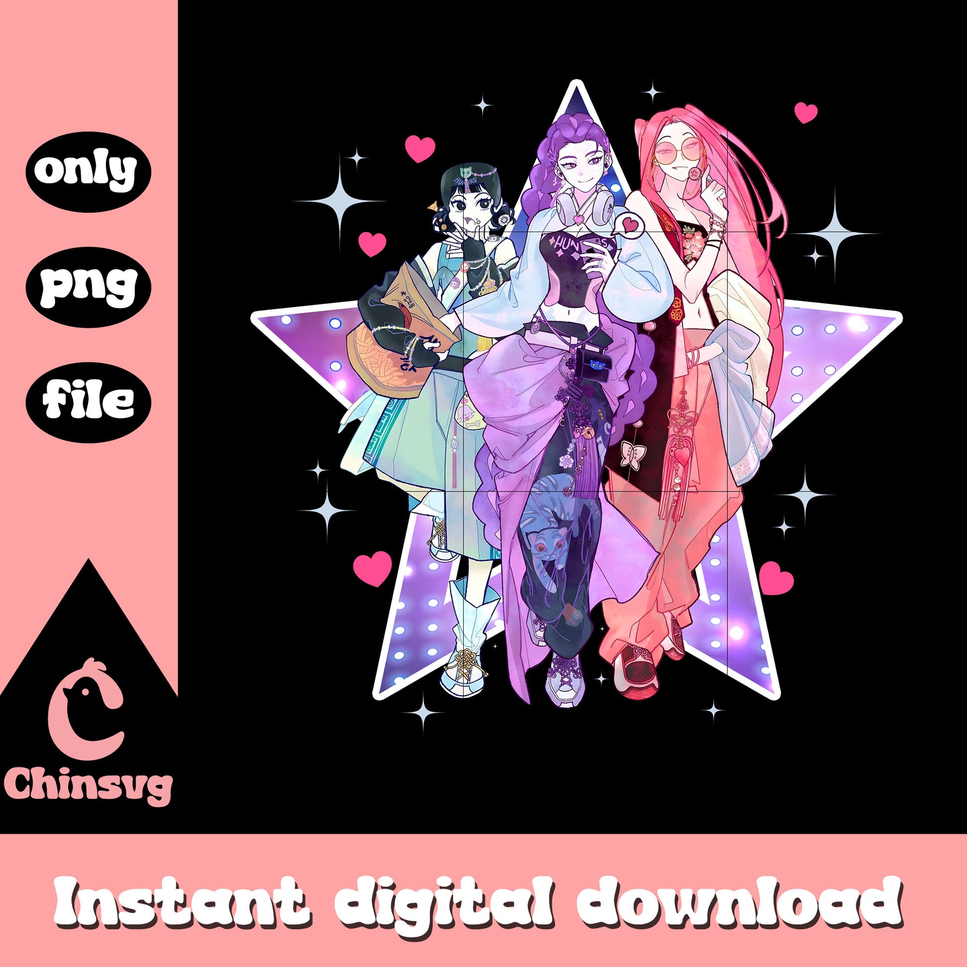 Huntrix band outfits design png, kpop outfits png