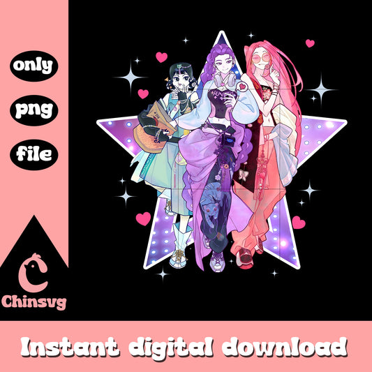 Huntrix band outfits design png, kpop outfits png