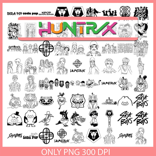 Huntrix characters outline bundle png, kpop demon hunters png