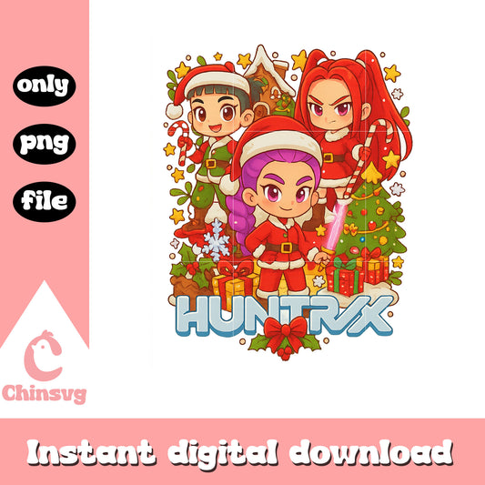 Huntrix christmas background design png, kpop demon hunters merch png