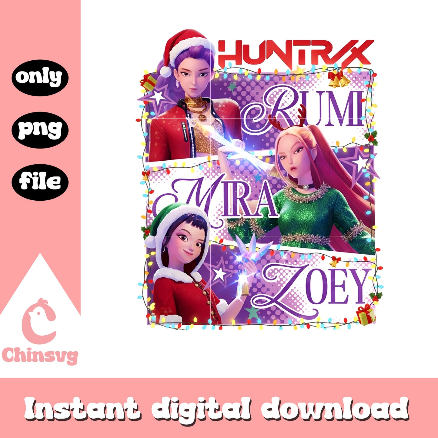 Huntrix christmas day decorations png, kpop girl bands png