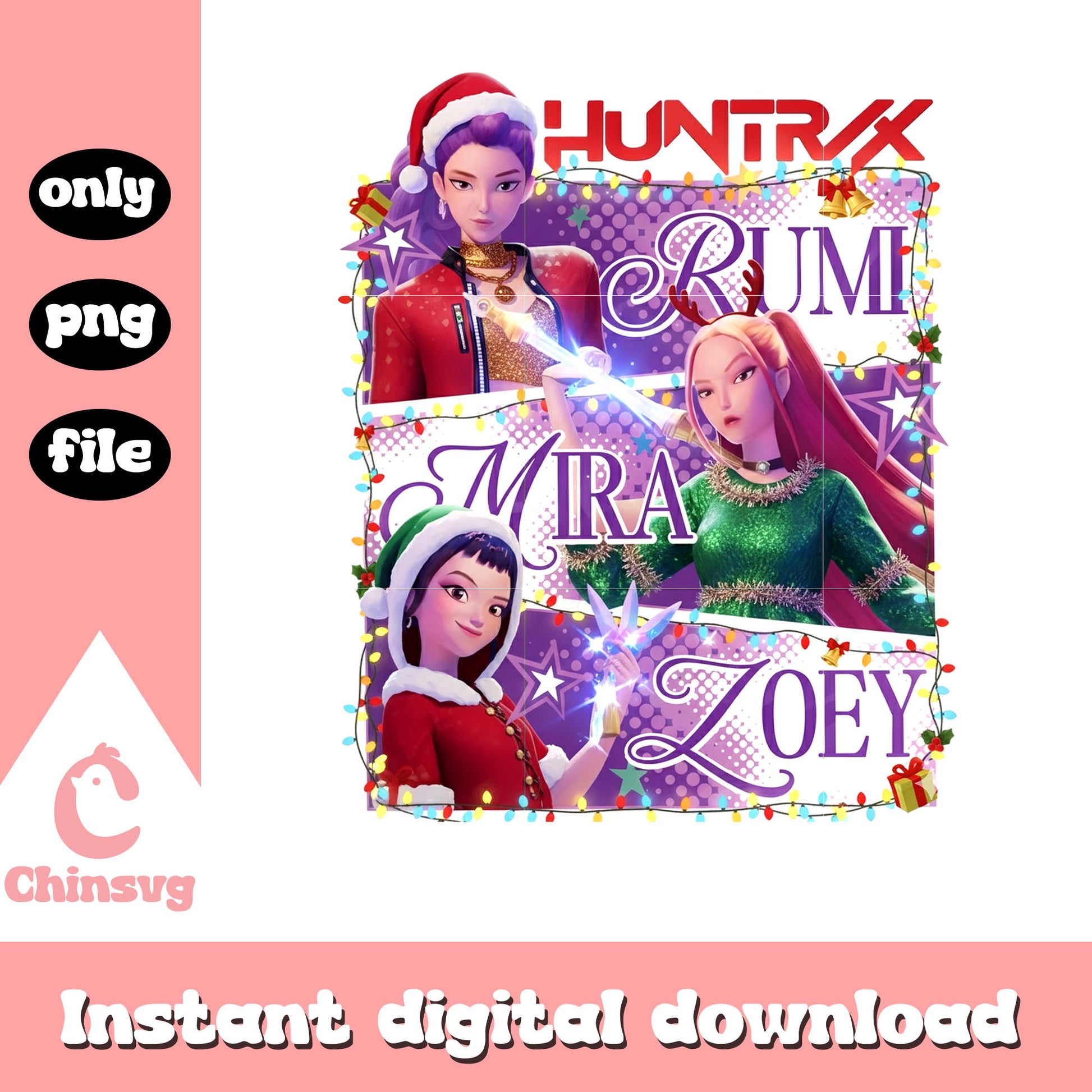 Huntrix christmas day decorations png, kpop girl bands png