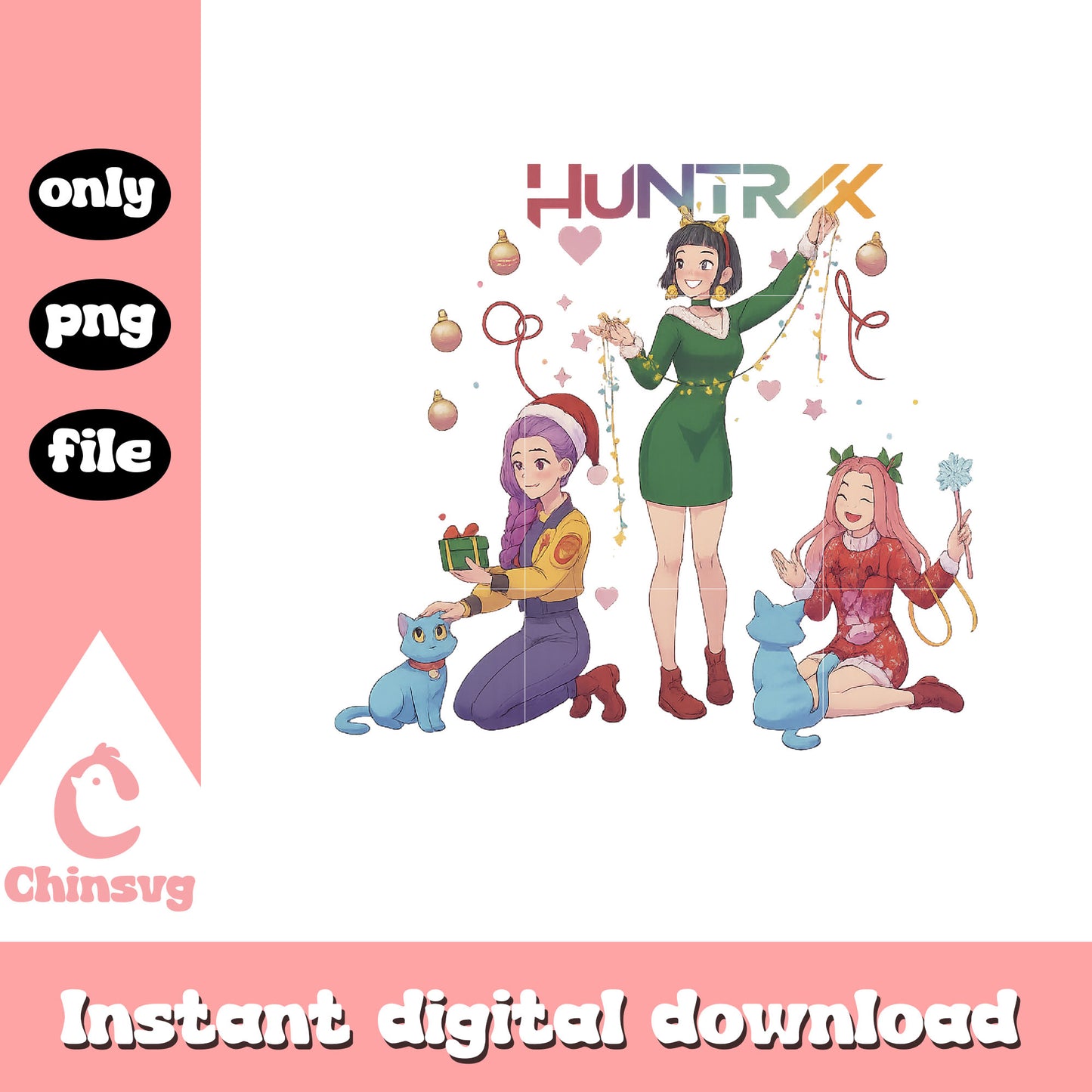 Huntrix christmas decorations png, kpop christmas ornaments png