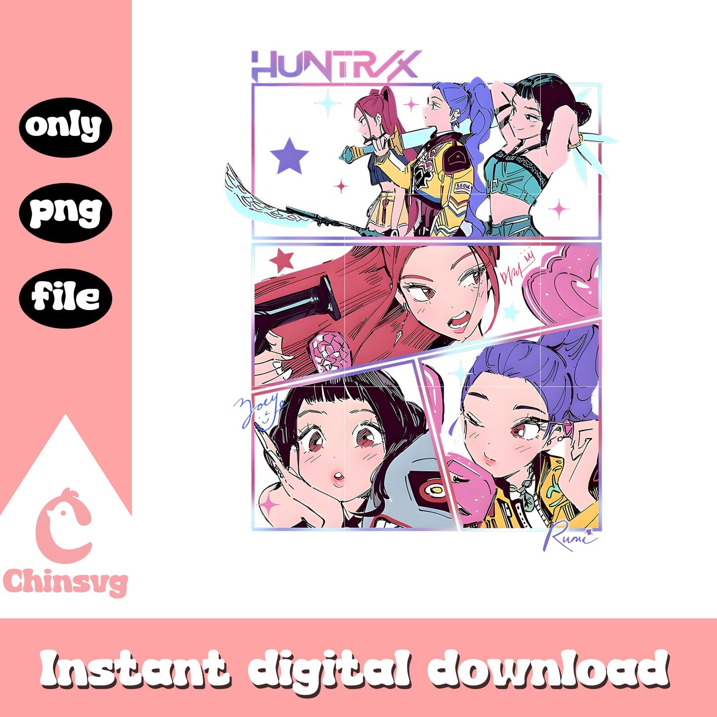 Huntrix demon hunter cartoon design png, huntrix team png