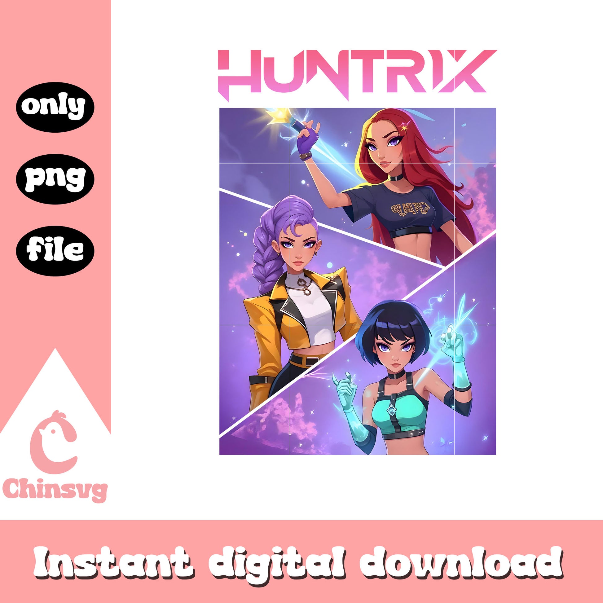 Huntrix girl band frame png, rumi and friends png, demon hunters png
