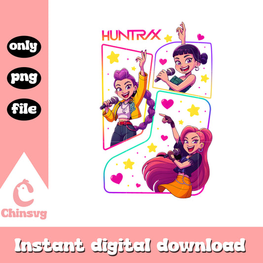 Huntrix girl band singing design png, mira png, zoey png, rumi png