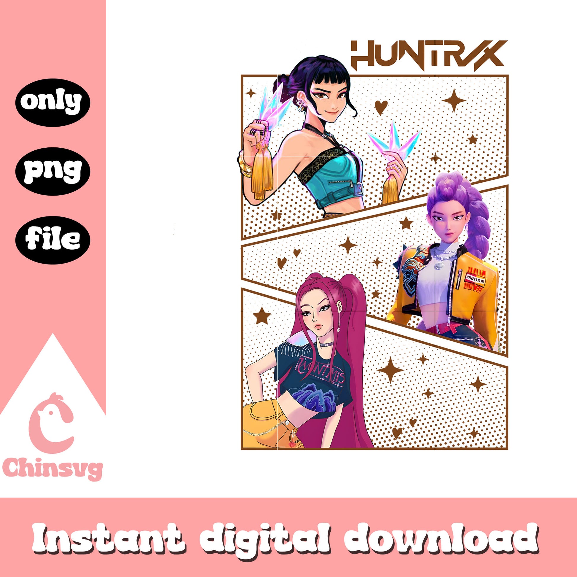 Huntrix girls band kpop demon hunters  png, huntrix merch png 