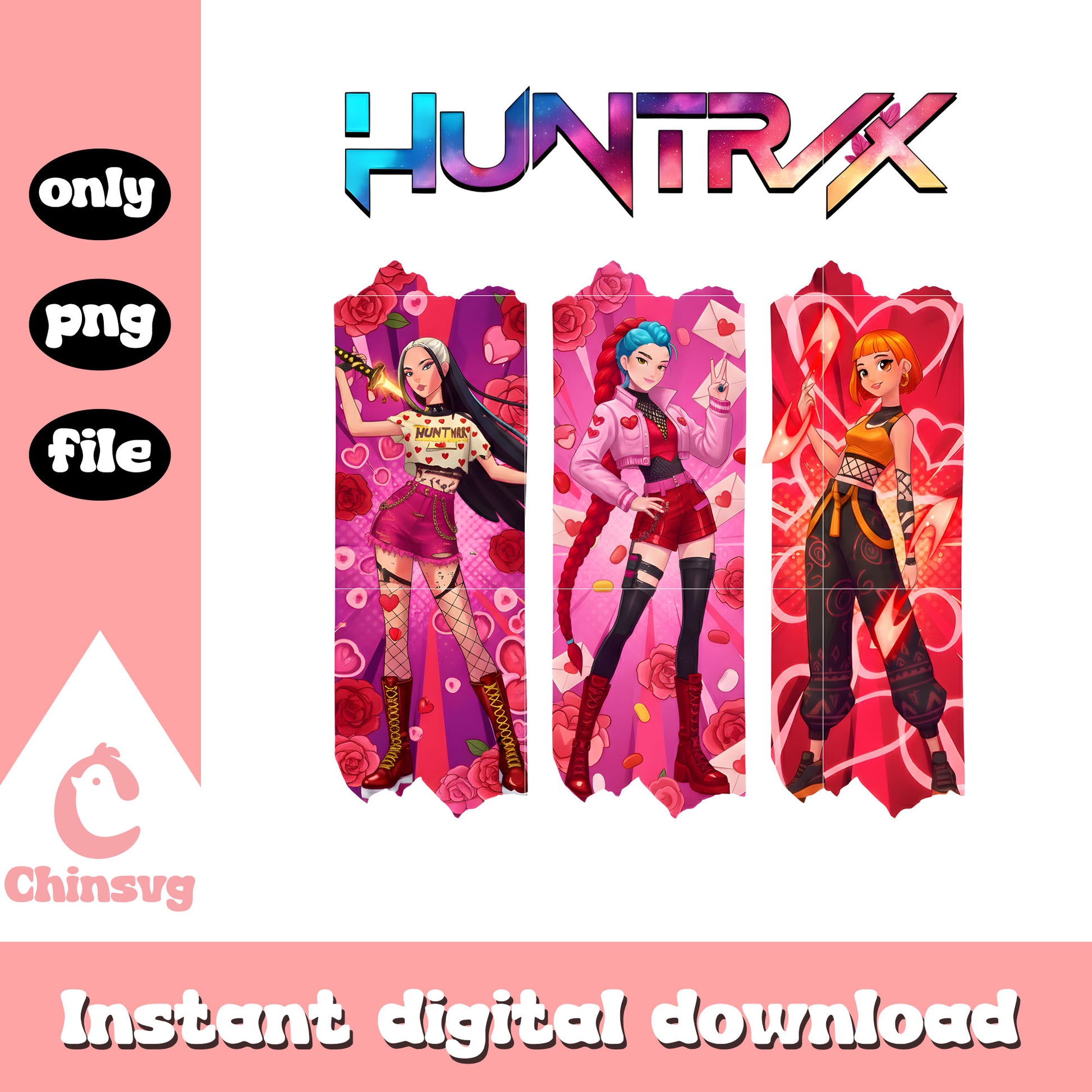 Huntrix girls team valentine png, kpop valentines cards png