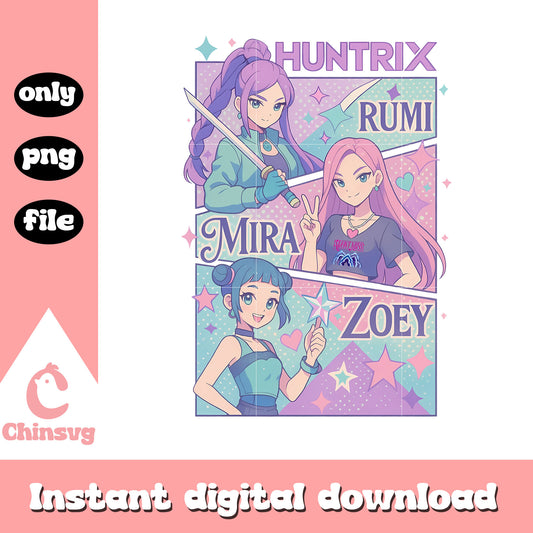 Huntrix girl team kpop design png, girl band kpop png, demon hunters png