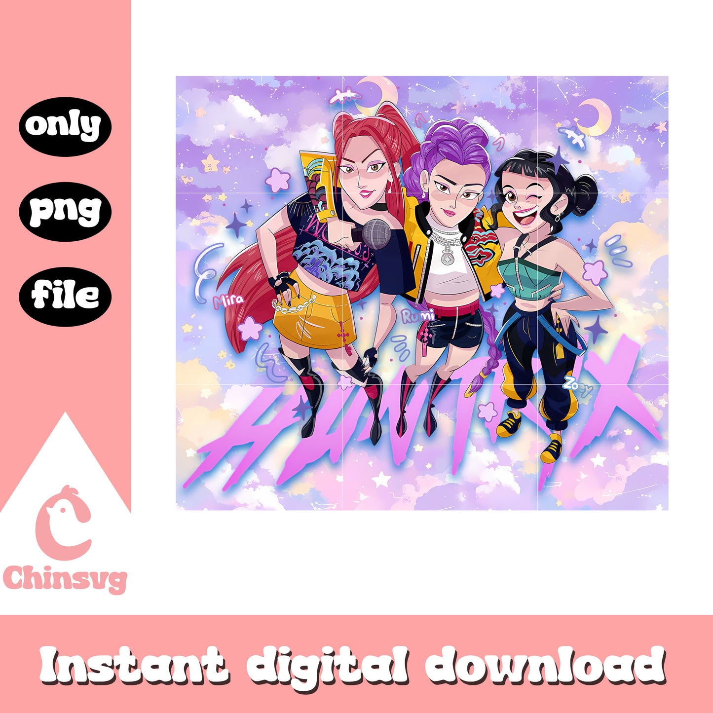 Huntrix group fanart design png,  huntrix kpop demon hunters png