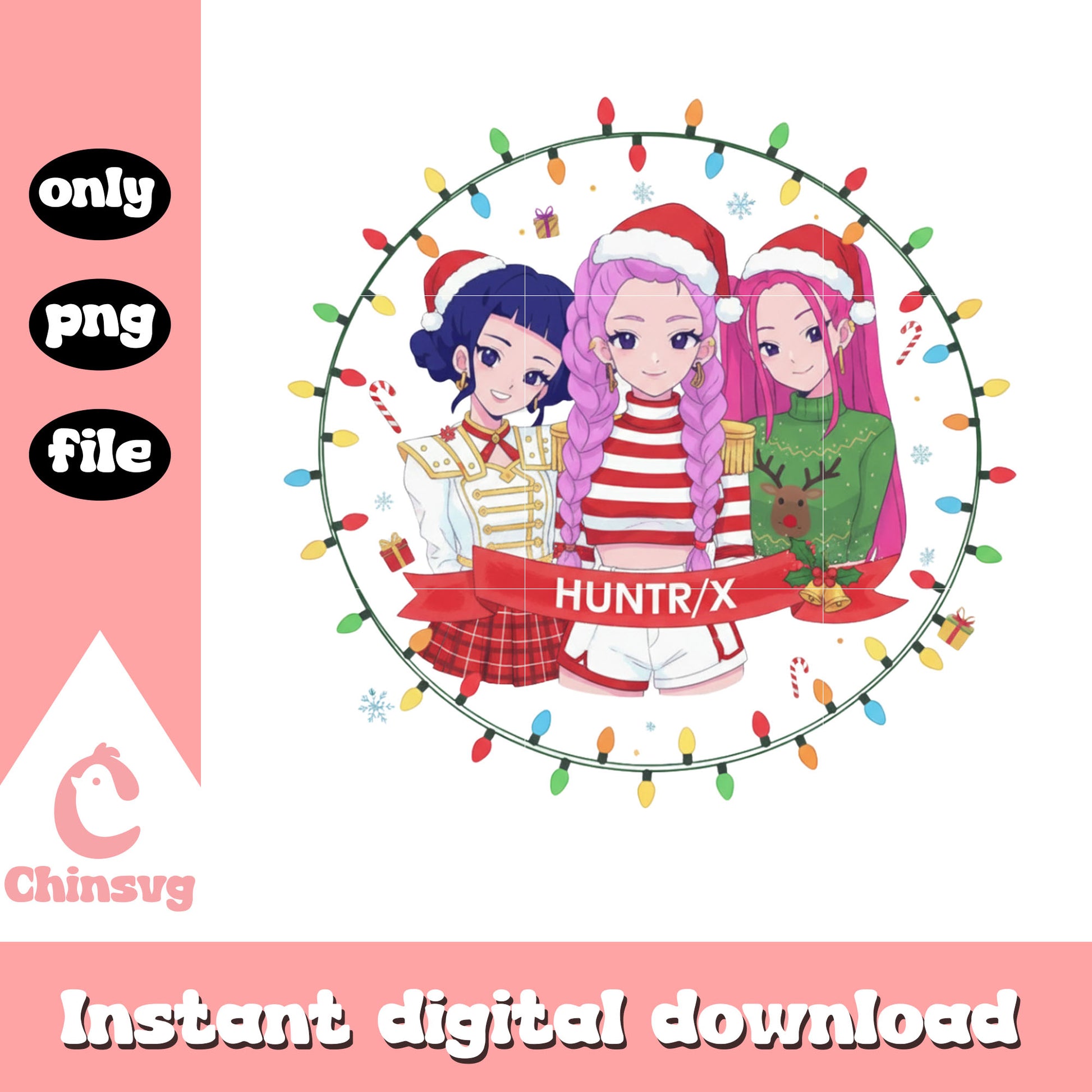 Huntrix hunters christmas lights design png, kpop huntrix png