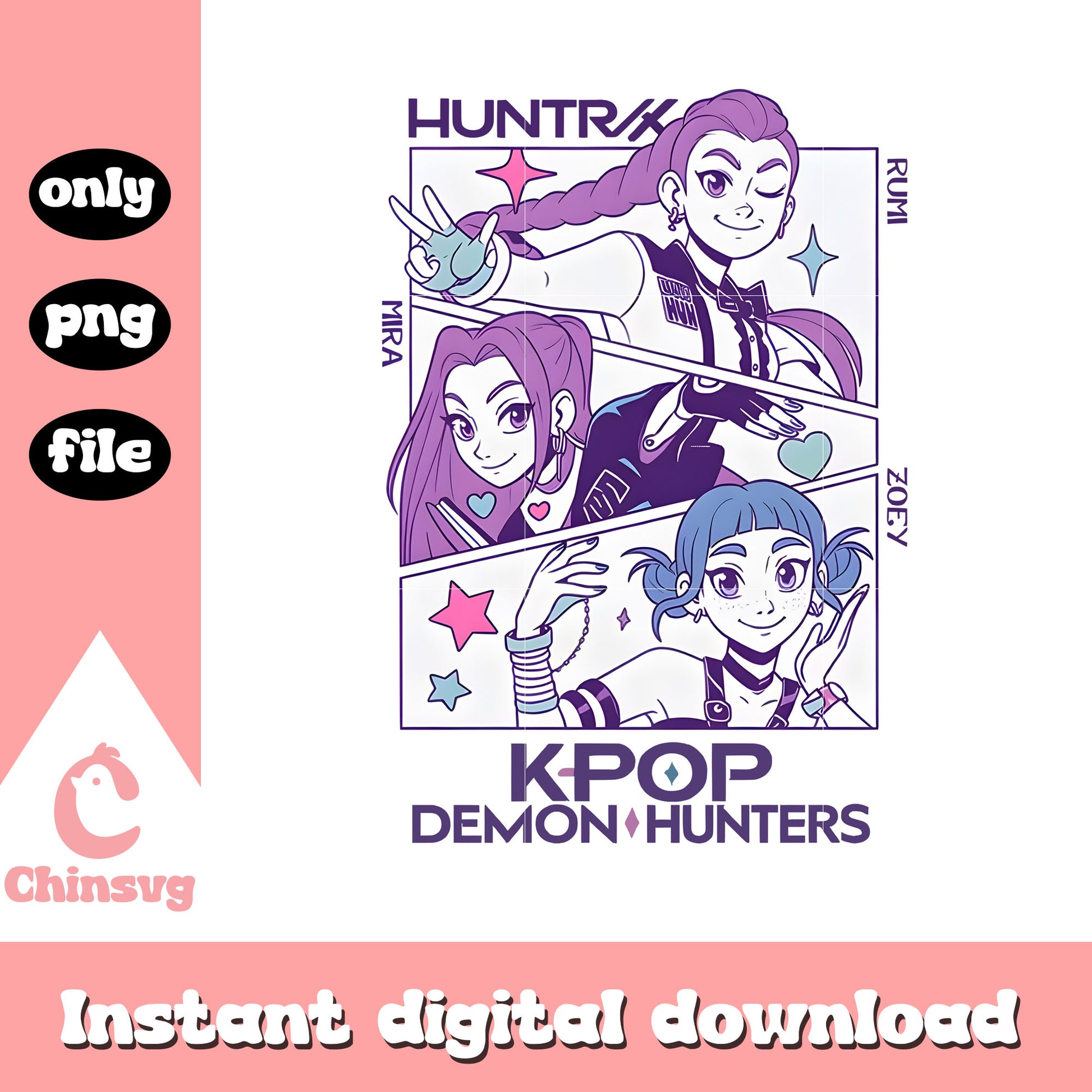 Huntrix kpop demon hunter manga design png, k-pop merch png