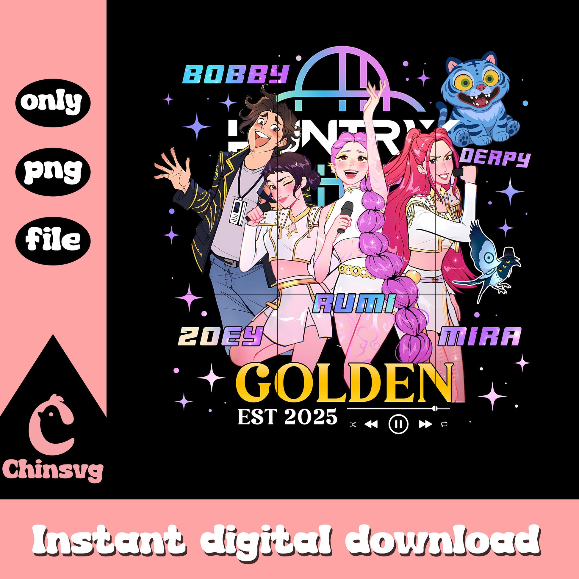Huntrix kpop golden christmas design png, golden huntrix png