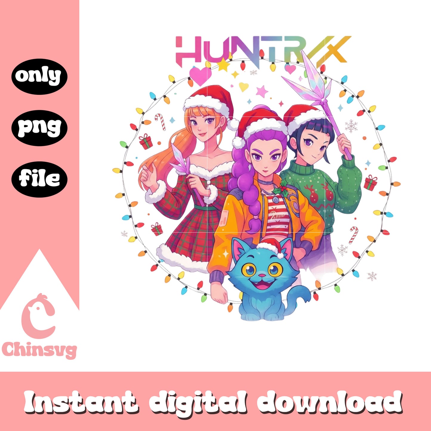 Huntrix kpop group christmas lights png, kpop demon hunters png