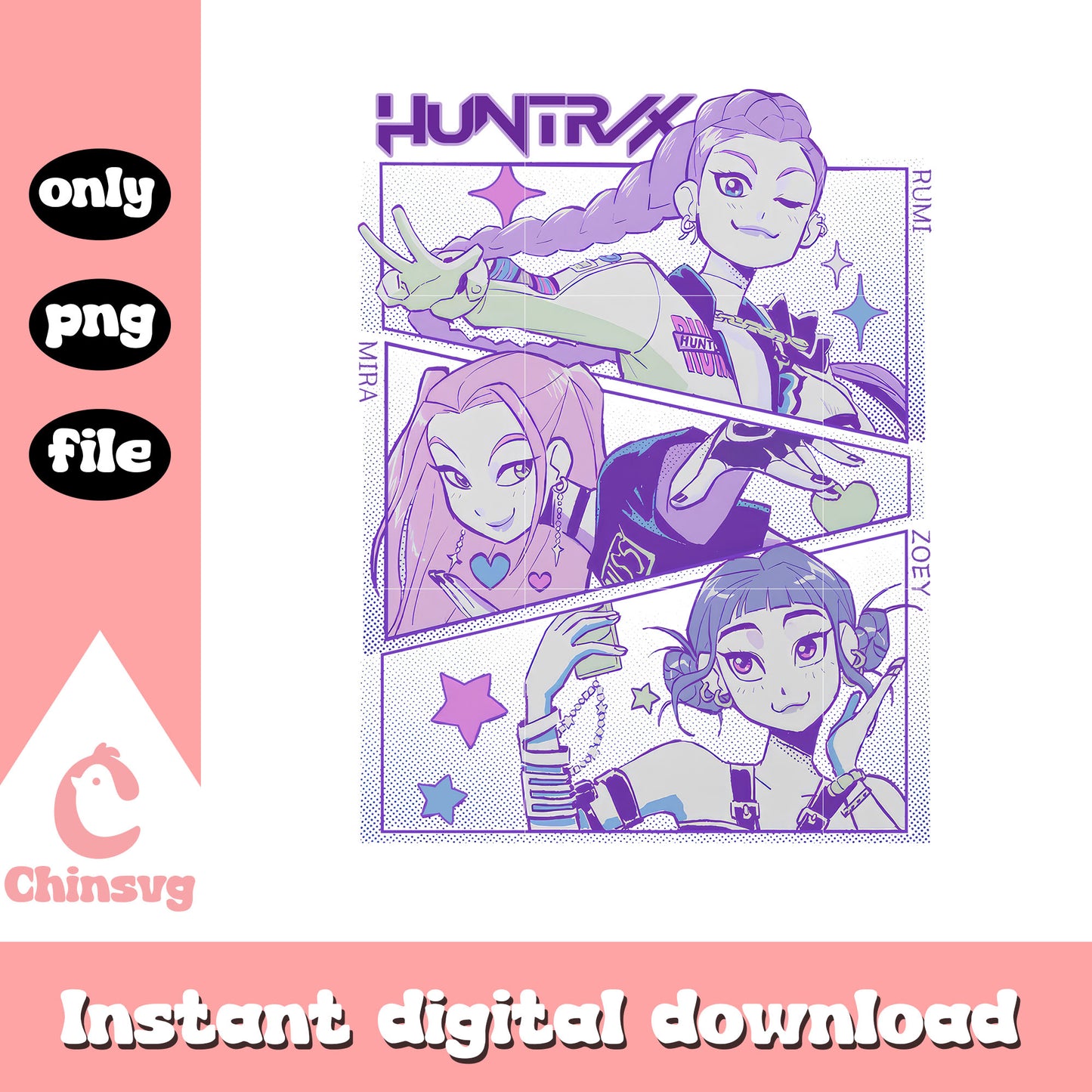 Huntrix kpop manga design png, kpop merch png, huntrix png